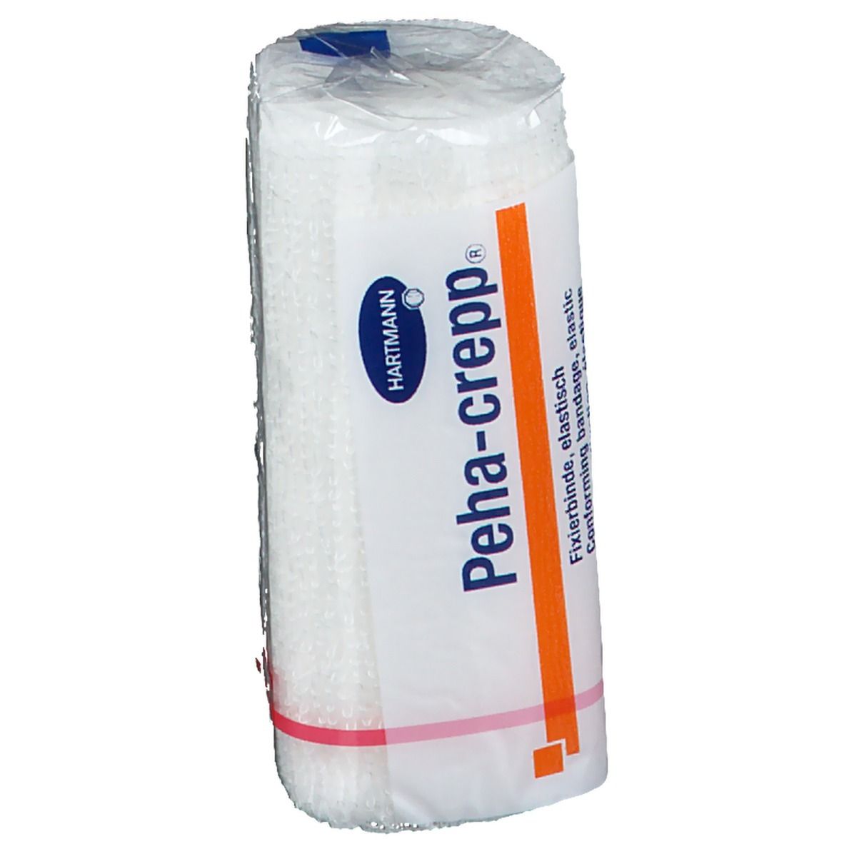 Bande de fixation élastique, emballée. Marque Hartmann Peha-crepp®. Bande orange. Anneau en caoutchouc rouge.