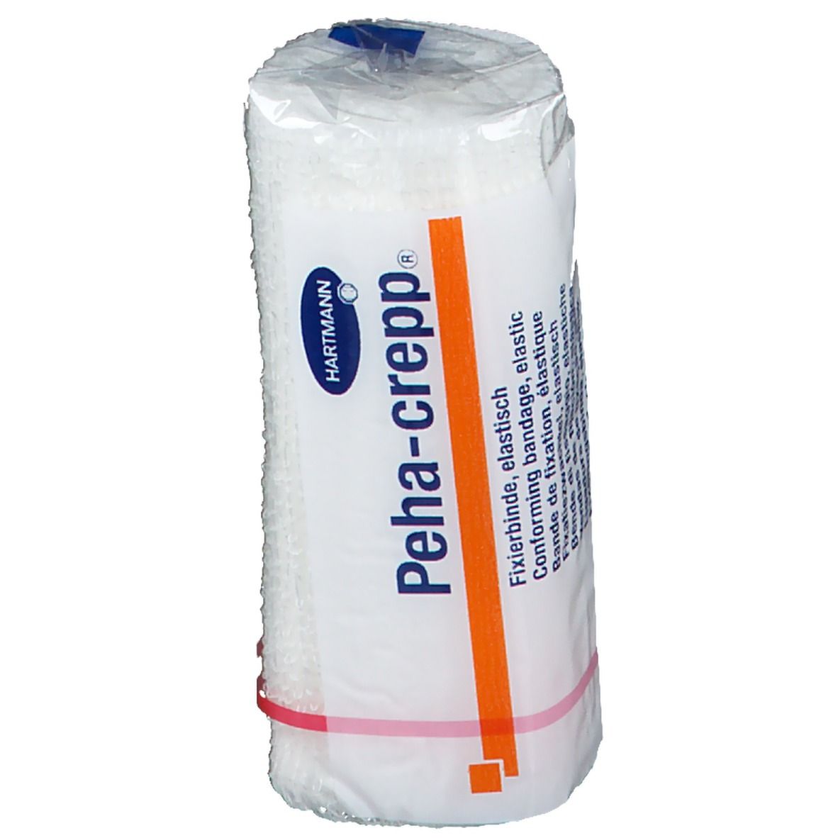 Bande de fixation élastique, emballée. Marque Hartmann Peha-crepp®. Bande orange. Anneau en caoutchouc rouge.