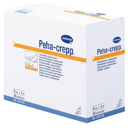 Boîte blanche avec nom Peha-crepp et logo Hartmann. Contient 20 bandages de fixation, 8cm x 4m.