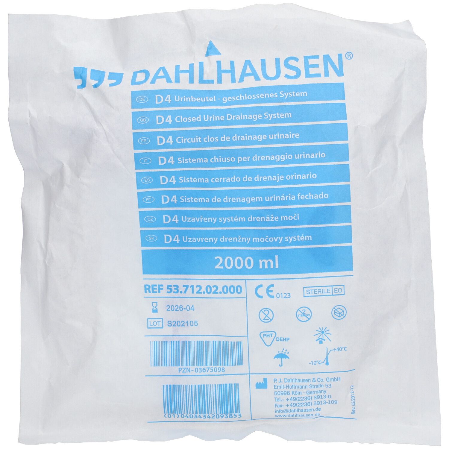 Dahlhausen D4 poche à urine, système fermé, 2000 ml. Emballage avec informations produit et marquage CE.