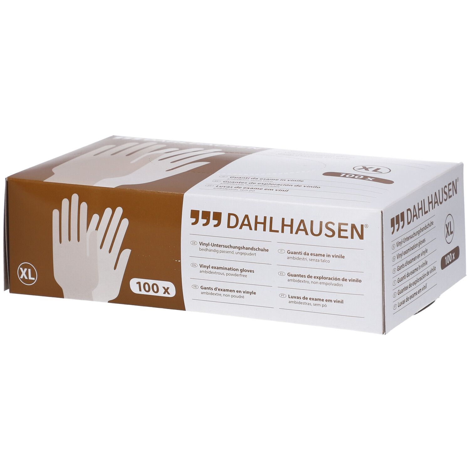 Boîte de gants d'examen en vinyle Dahlhausen® Gr. XL, 100 pièces. Emballage marron et blanc avec indications.