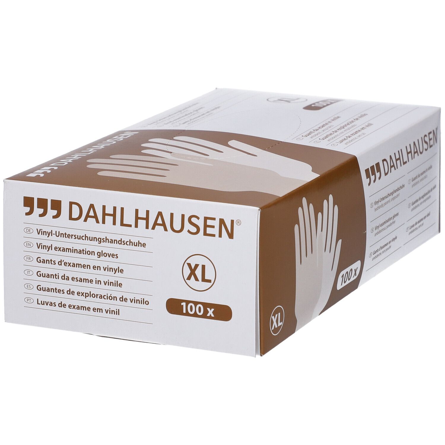 Boîte de gants d'examen en vinyle Dahlhausen® Gr. XL, 100 pièces. Emballage marron et blanc avec indications.