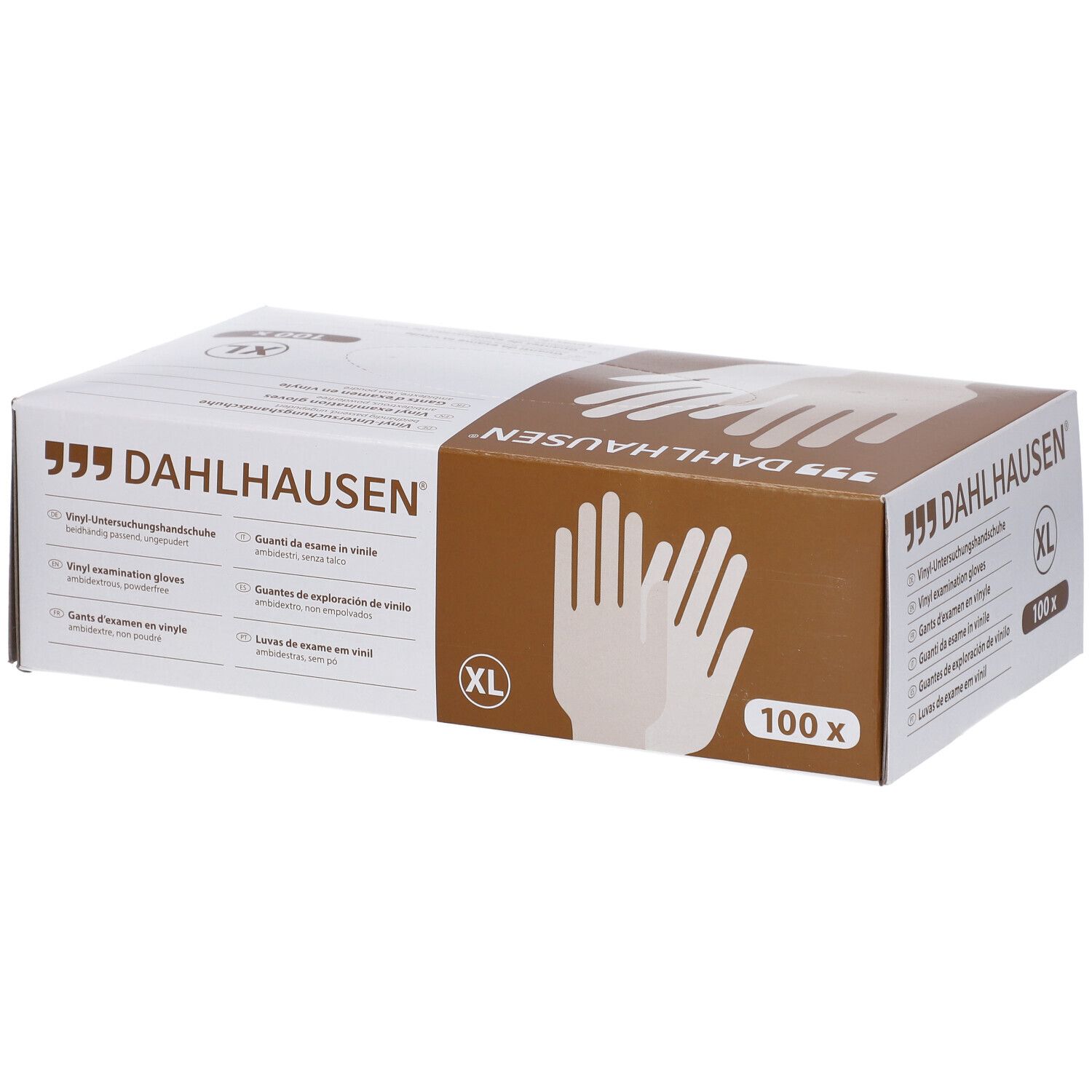 Boîte de gants d'examen en vinyle Dahlhausen® Gr. XL, 100 pièces. Emballage marron et blanc avec indications.