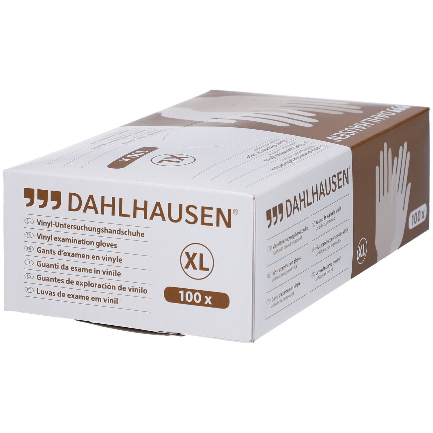 Boîte de gants d'examen en vinyle Dahlhausen® Gr. XL, 100 pièces. Emballage marron et blanc avec indications.