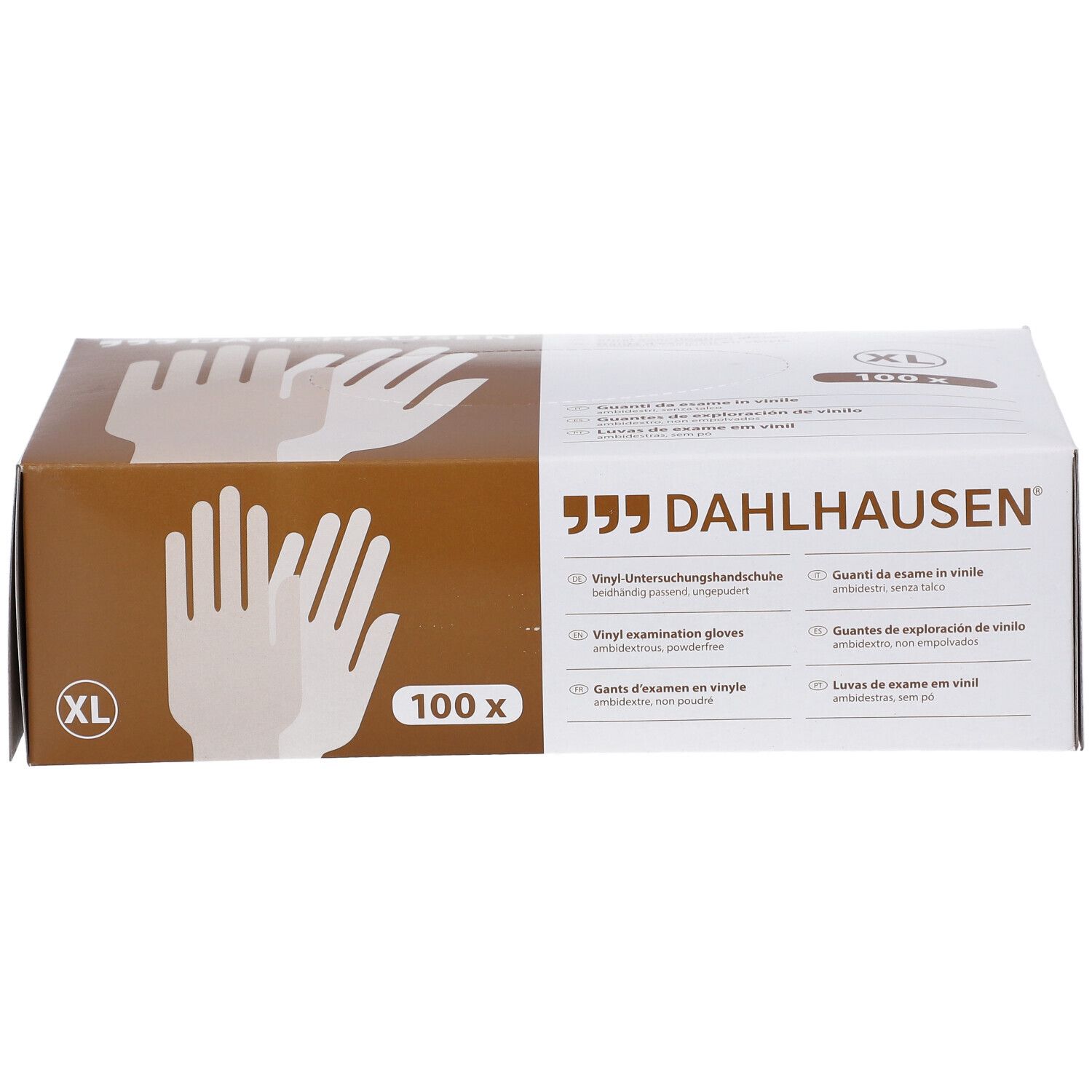 Boîte de gants d'examen en vinyle Dahlhausen® Gr. XL, 100 pièces. Emballage marron et blanc avec indications.