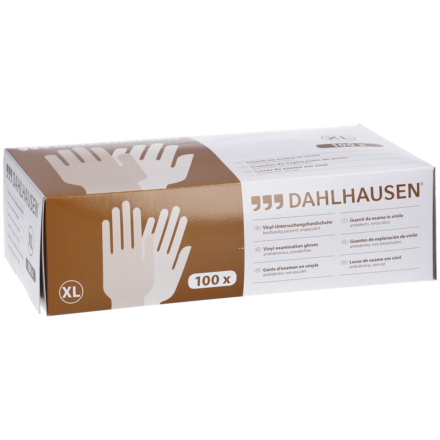 Boîte de gants d'examen en vinyle Dahlhausen® Gr. XL, 100 pièces. Emballage marron et blanc avec indications.