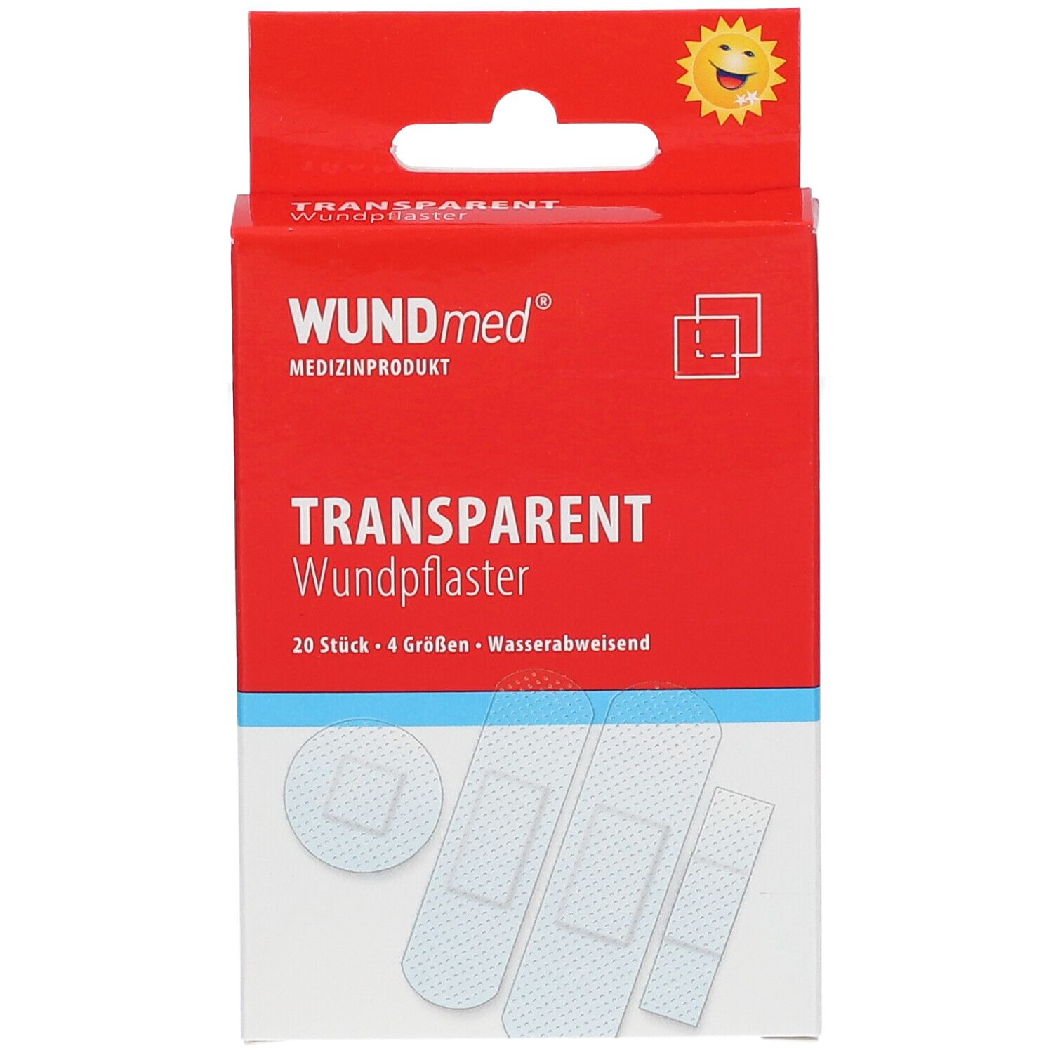 Boîte rouge de pansements transparents. Inscription: WUNDmed, Transparent Wundpflaster, 20 pièces, 4 tailles, résistant à l'eau.