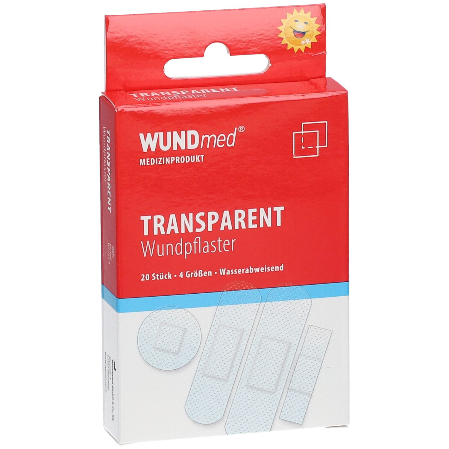 Boîte rouge de pansements transparents. Inscription: WUNDmed, Transparent Wundpflaster, 20 pièces, 4 tailles, résistant à l'eau.
