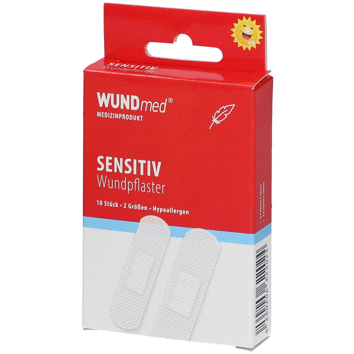 Boîte rouge de pansements WUNDmed®. Inscription : Sensitiv Wundpflaster. 10 pièces, 2 tailles, hypoallergénique. Deux pansements visibles.