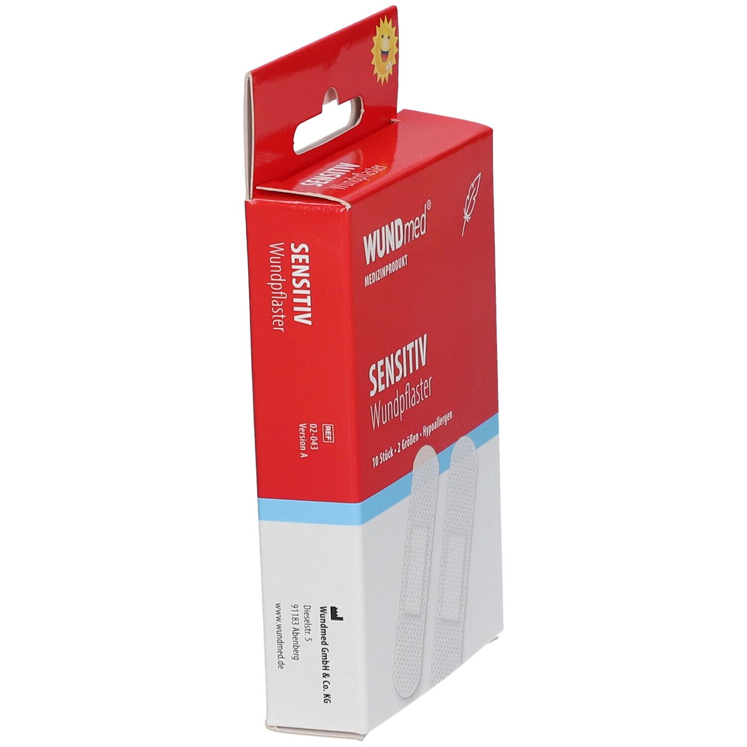 Boîte rouge de pansements WUNDmed®. Inscription : Sensitiv Wundpflaster. Vue latérale. Nom du produit et logo visibles.