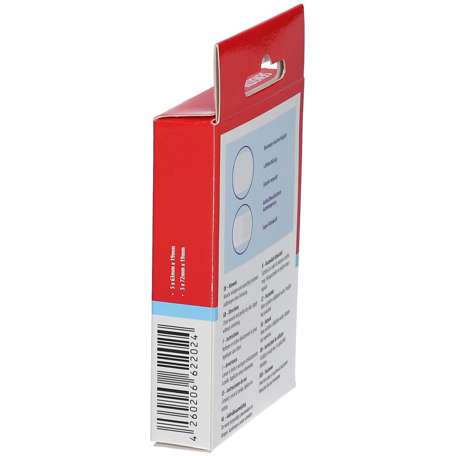 Vue latérale de la boîte de pansements WUNDmed® rouge. Code-barres et indications de taille. Texte en plusieurs langues.