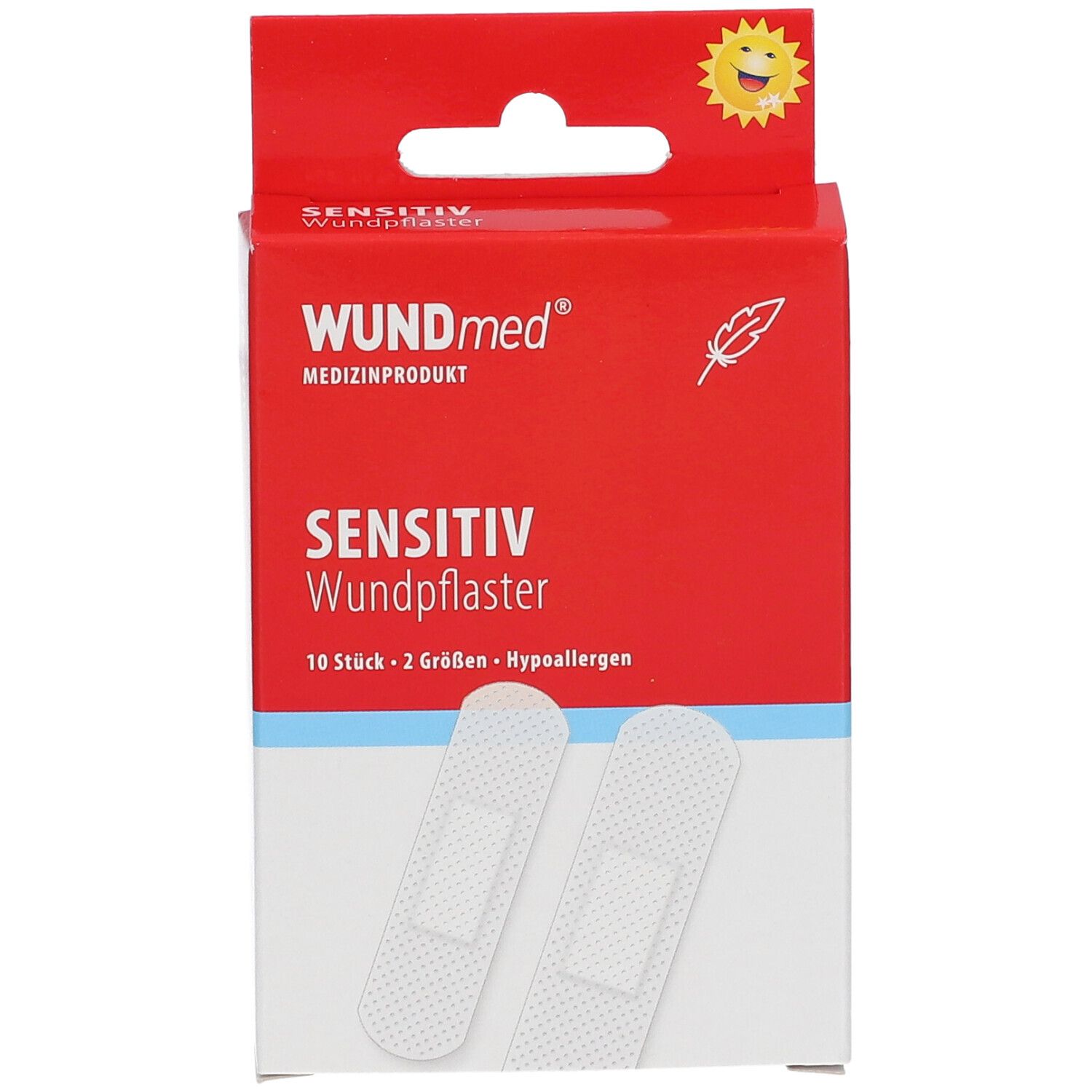 Boîte rouge de pansements WUNDmed®. Inscription : Sensitiv Wundpflaster. 10 pièces, 2 tailles, hypoallergénique. Deux pansements visibles.