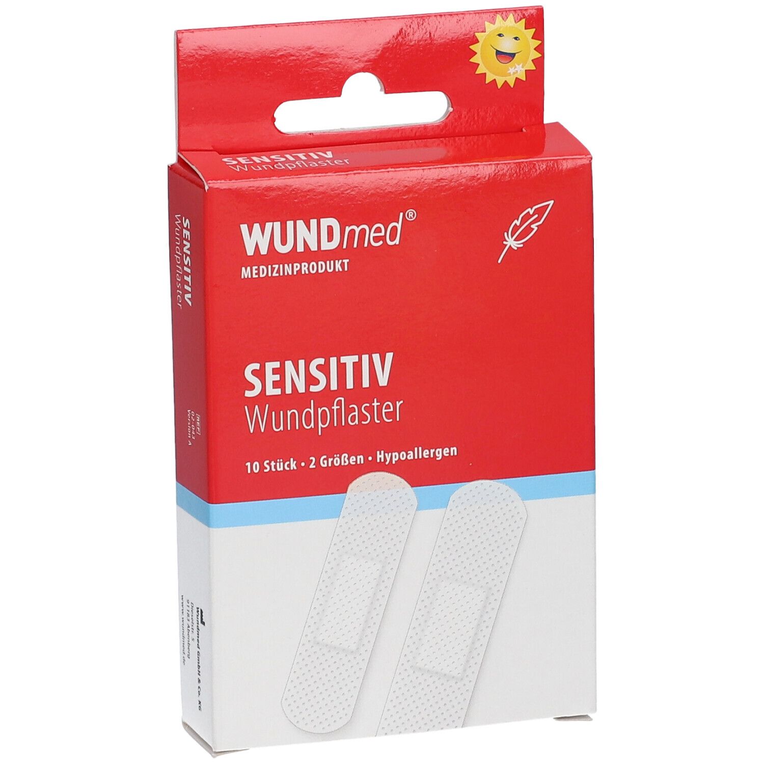 Boîte rouge de pansements WUNDmed®. Inscription : Sensitiv Wundpflaster. 10 pièces, 2 tailles, hypoallergénique. Deux pansements visibles.