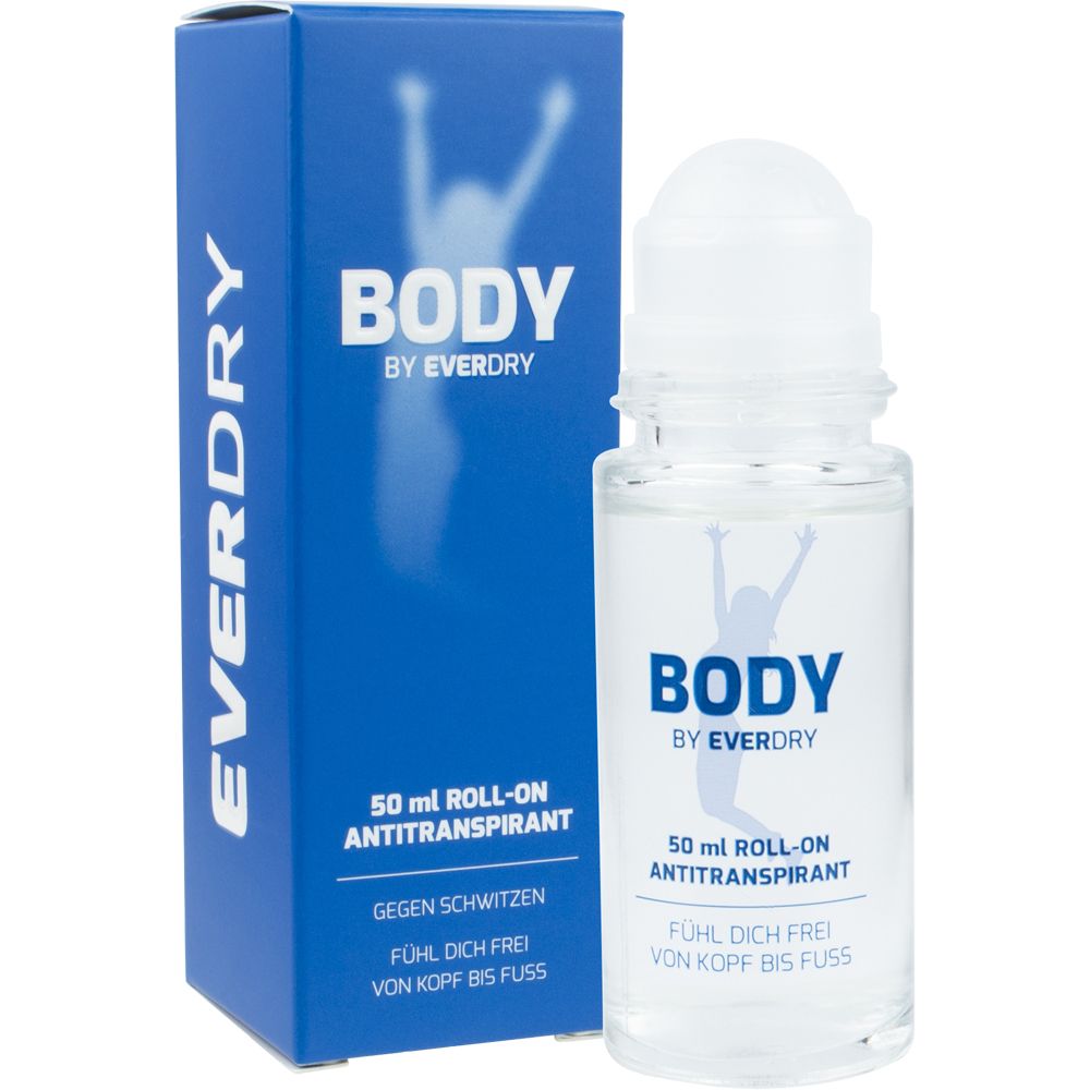 Boîte bleue et flacon roll-on. Sur le flacon, BODY by EVERDRY. 50 ml roll-on anti-transpirant.