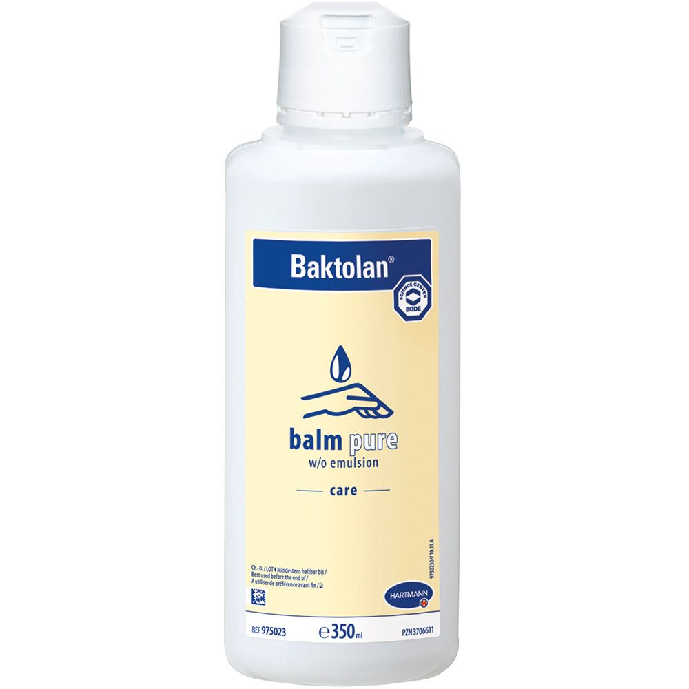 Flacon blanc avec étiquette bleue. Inscription : Baktolan balm pure care. Symbole goutte et main. Logo HARTMANN.