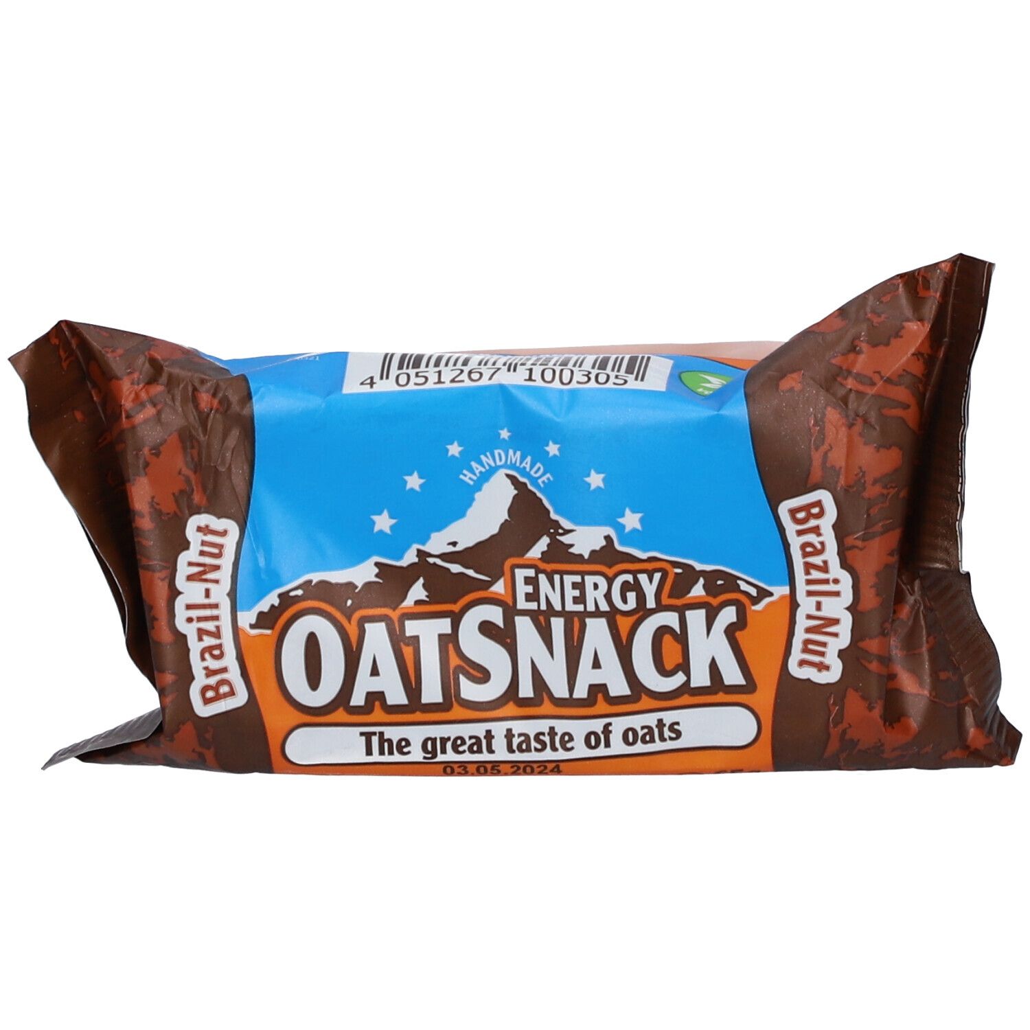 Emballage ENERGY OATSNACK Brazil Nut. Sachet bleu-marron avec nom du produit et montagne. Code-barres visible.