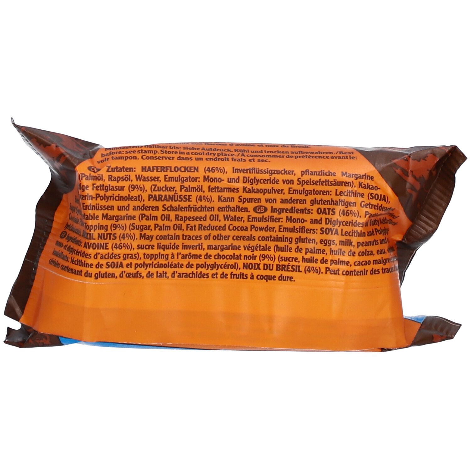 Dos de l'emballage ENERGY OATSNACK Brazil Nut. Texte avec liste d'ingrédients et informations nutritionnelles sur fond marron.