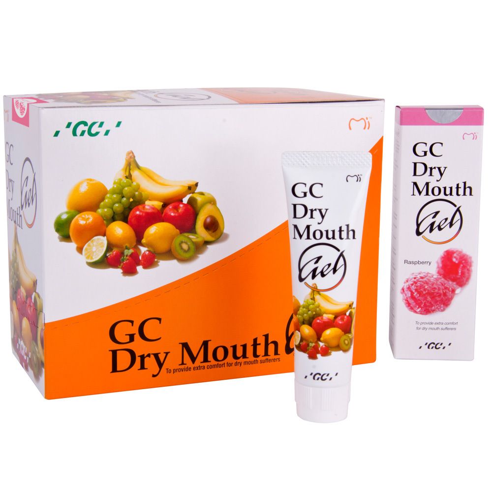 Emballage avec tube et boîte. Inscription 'GC Dry Mouth Gel'. Illustration de fruits. Goût framboise.