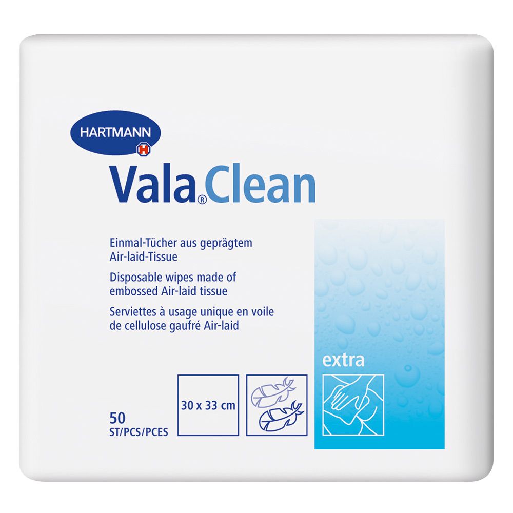 Emballage blanc Hartmann Vala Clean extra. Nom du produit, logo et informations. 50 pièces, 30x33 cm.
