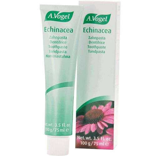 Tube et boîte de dentifrice. A. Vogel Echinacea. Tube de 75 ml, boîte avec fleur.