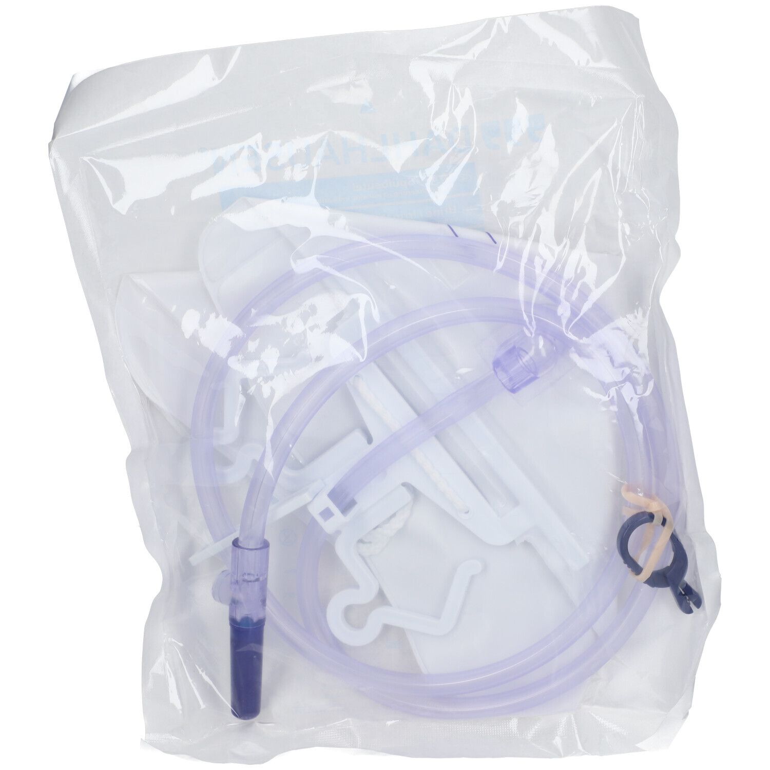 Sachet contenant des composants médicaux. Tube, clips et connecteurs visibles. Emballage stérile.