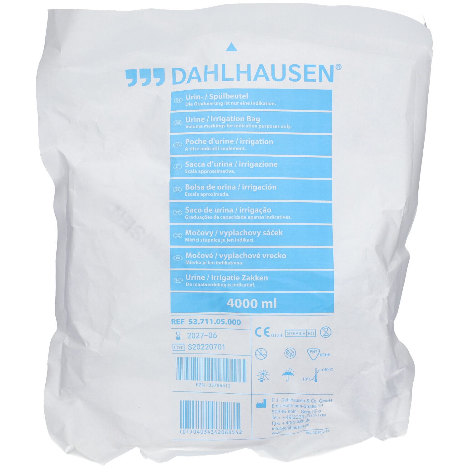 Sachet blanc avec texte bleu. Texte: DAHLHAUSEN, poche à urine, 4000 ml. Indications médicales.