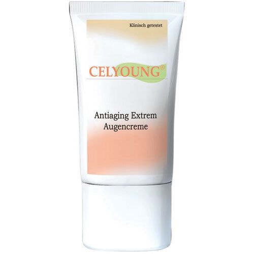 Tube blanc avec logo CELYOUNG et texte 'Antiaiging Extrem Augencreme'. 'Testé cliniquement'.