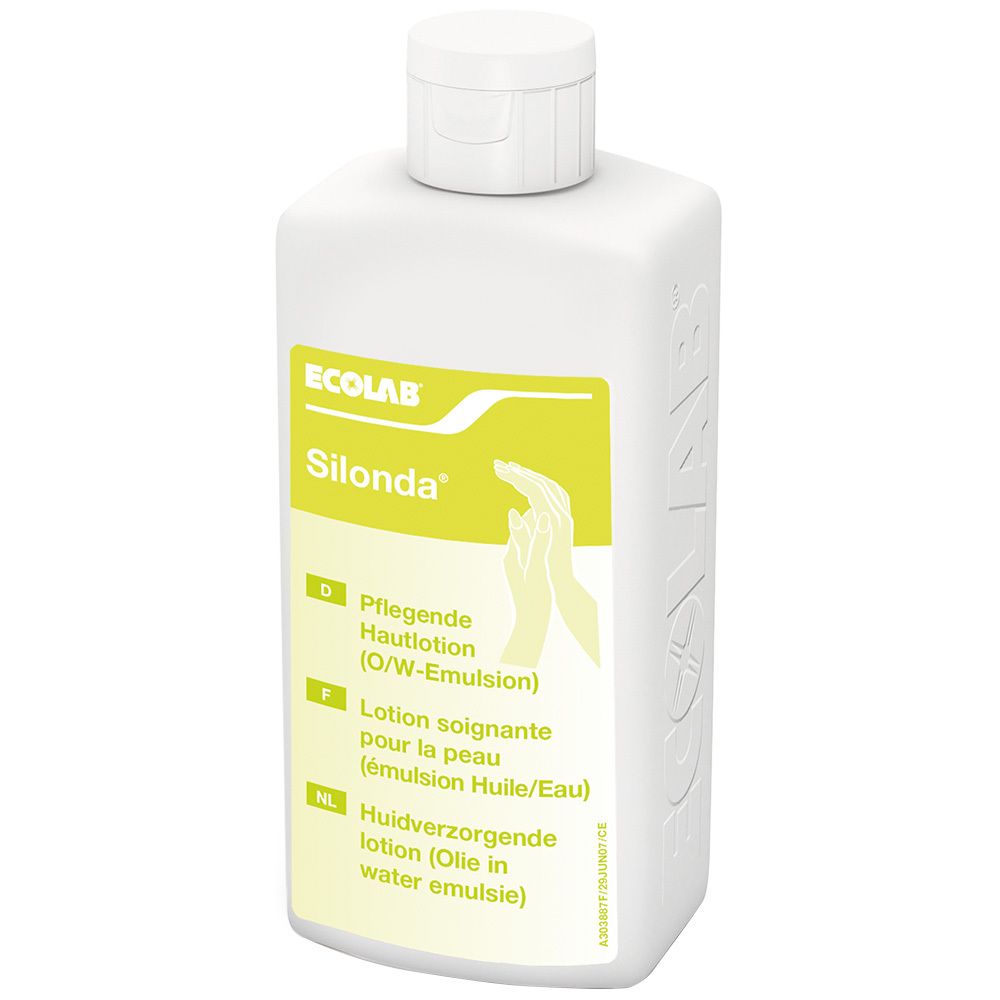 Flacon blanc de Silonda® Lotion avec étiquette jaune. Inscription : Ecolab, Silonda®, Lotion soin pour la peau, émulsion H/E. Illustration de mains.