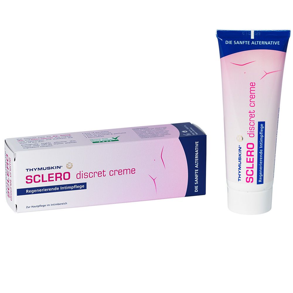 Tube et boîte Sclero discret creme. Couleurs bleu et rose. Texte: Soin intime régénérant. Marque Thymuskin.