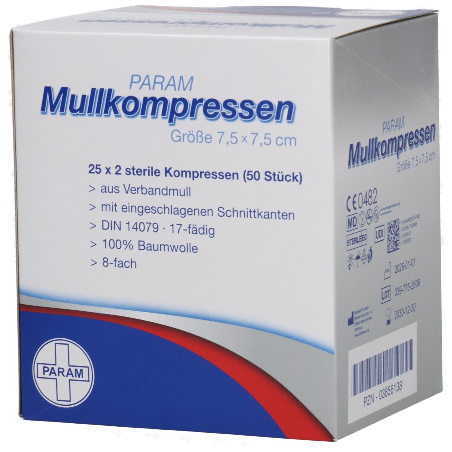 Boîte PARAM Mullkompressen 7,5 x 7,5 cm, stérile. 25 x 2 compresses. Informations sur le produit. Logo PARAM.