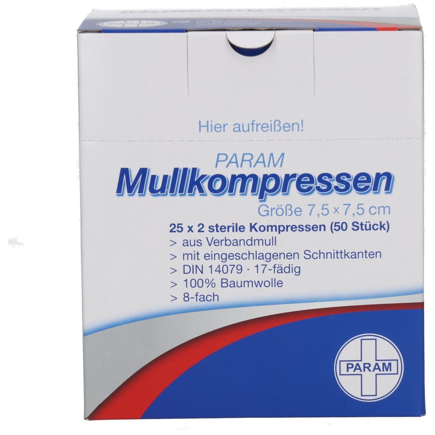 Boîte PARAM Mullkompressen 7,5 x 7,5 cm, stérile. 25 x 2 compresses. Informations produit. Logo PARAM.