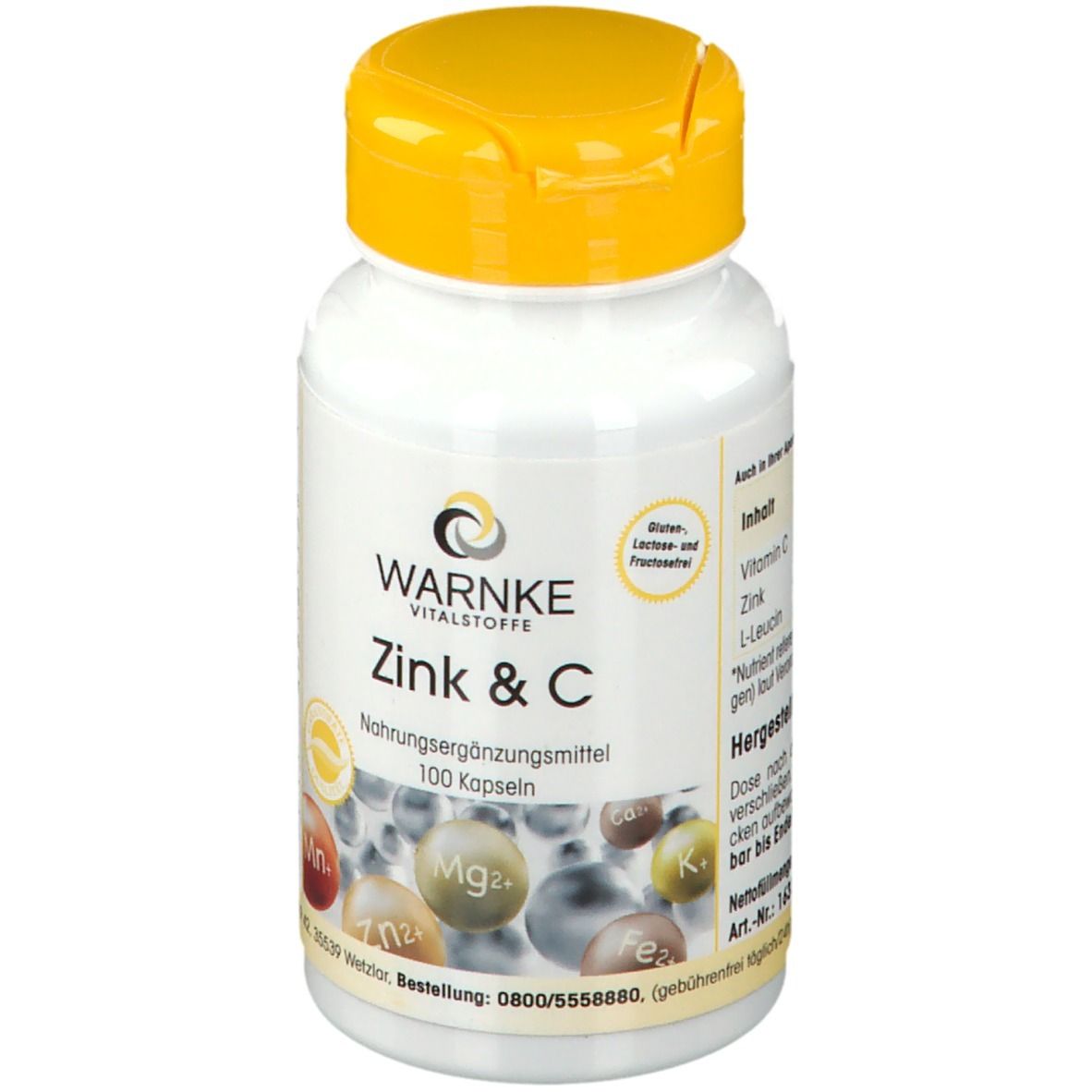 Flacon blanc à bouchon jaune. Inscription: WARNKE Zink & C. Complément alimentaire. 100 gélules. Détail des ingrédients.