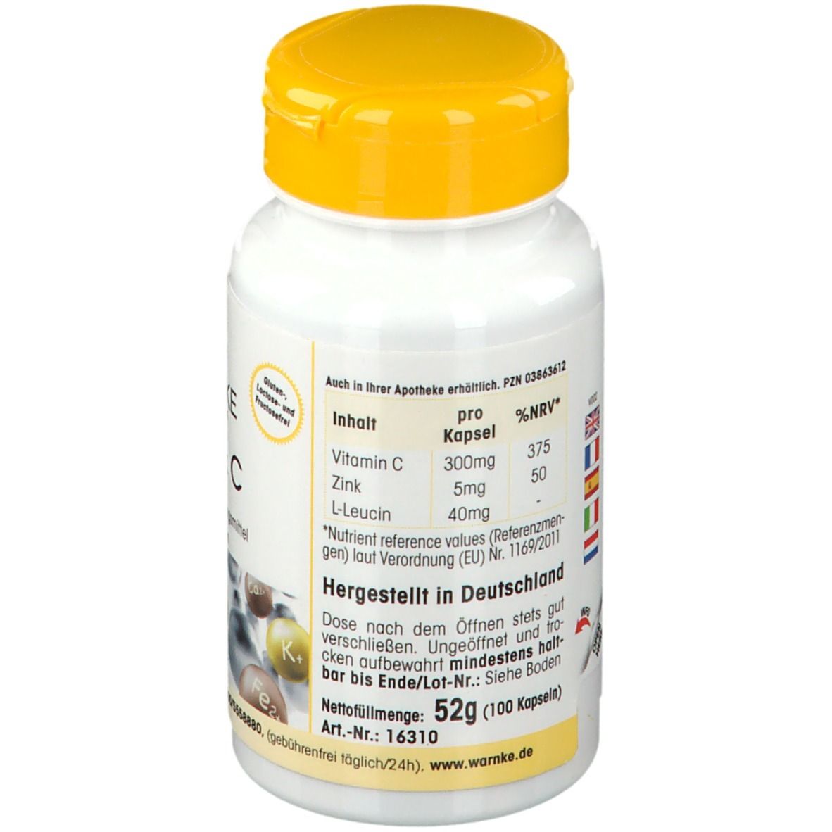 Flacon blanc à bouchon jaune. Inscription: WARNKE Zink & C. Ingrédients: Vitamine C, Zinc, L-Leucine. Fabriqué en Allemagne.