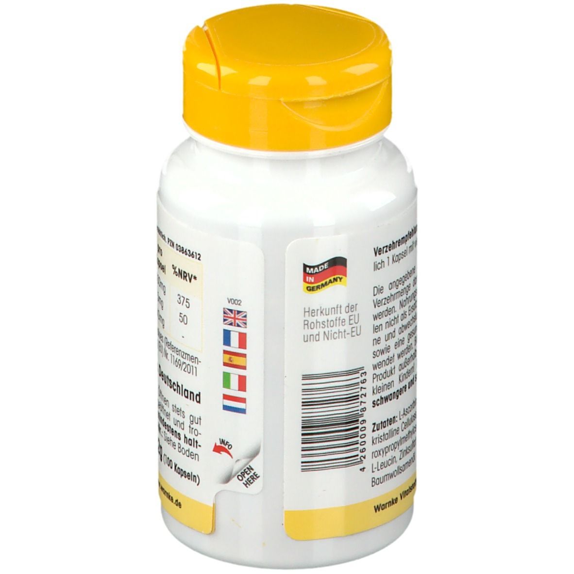 Dos d'un flacon blanc à bouchon jaune. Inscription: Fabriqué en Allemagne. Avec drapeaux des pays de l'UE.