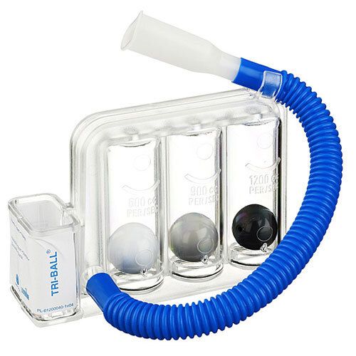 Appareil d'entraînement respiratoire avec trois balles. Boîtier transparent, tube et embout bleus. Balles de couleurs variées.