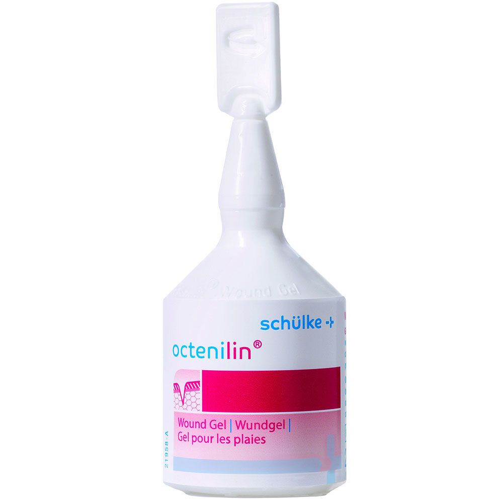 Flacon blanc avec applicateur. Inscription octenilin® et schülke+. Bande rouge avec texte. Gel pour plaies.