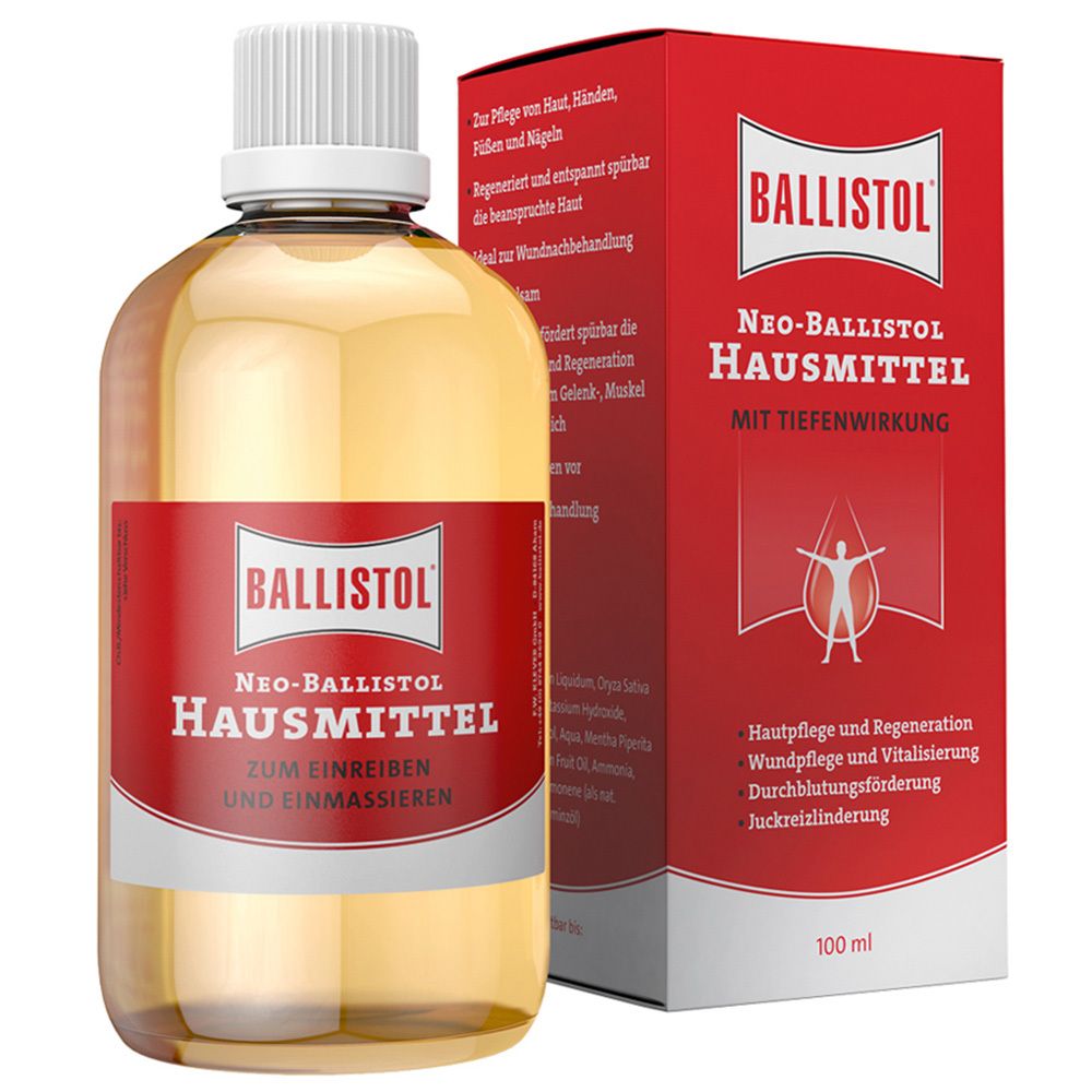 Flacon et emballage NEO-BALLISTOL® Hausmittel. Étiquettes et boîte rouges avec nom et logo du produit. 100 ml.