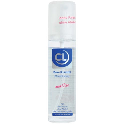 Spray minéral Deo-Kristall transparent avec tête de pulvérisation. Inscriptions: CL, Deo-Kristall, mein Deo, sans parfum, sans alcool.