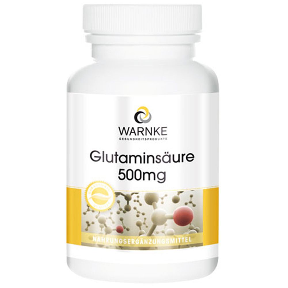 Flacon blanc avec étiquette jaune. Inscription: WARNKE Glutaminsäure 500mg. Complément alimentaire.
