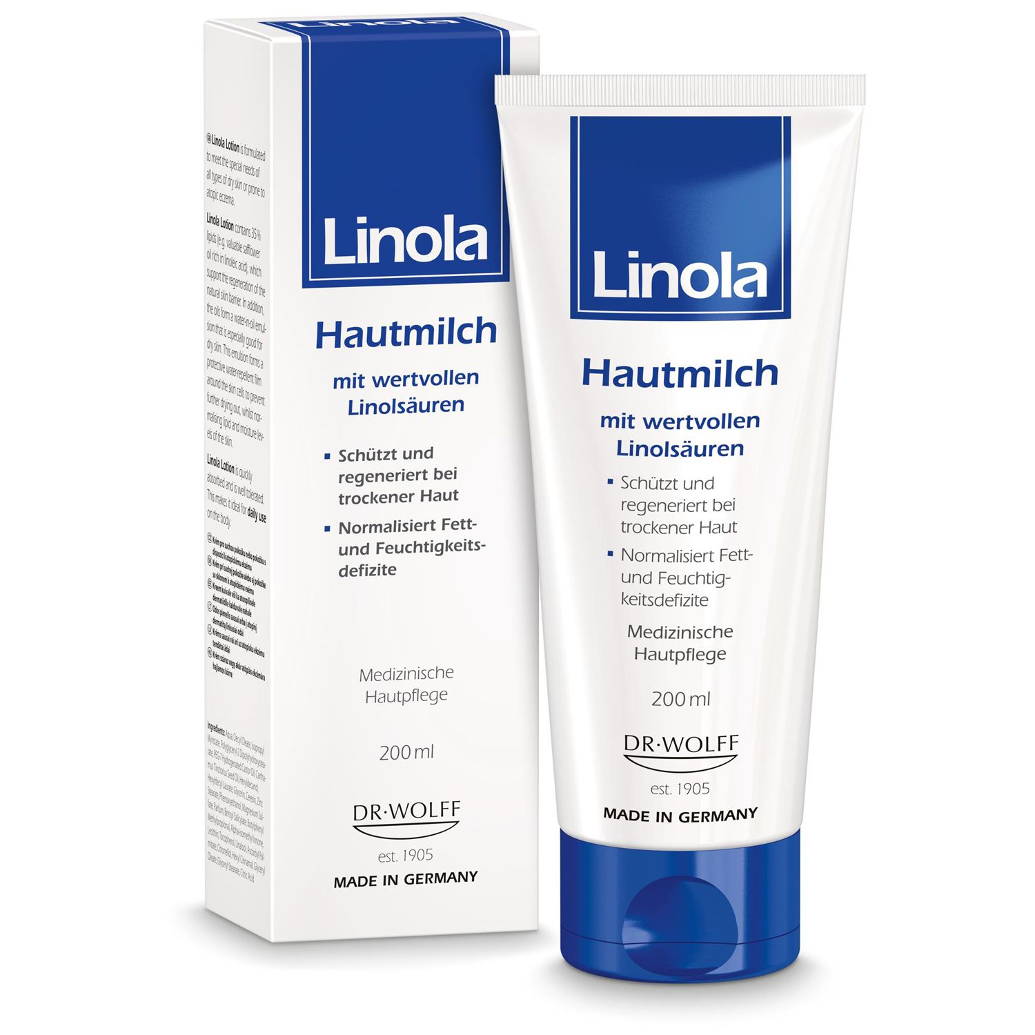 Tube et boîte blancs avec nom et informations sur le produit. Accents bleus. Fabriqué en Allemagne.