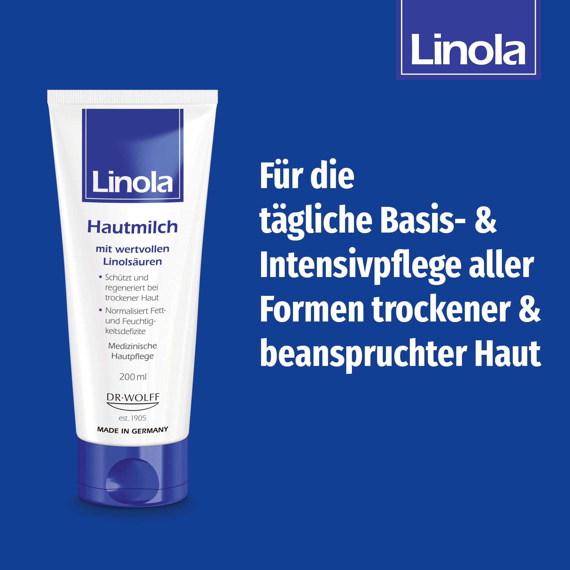 Tube blanc avec nom et informations sur le produit. Accents bleus. Texte sur fond bleu.