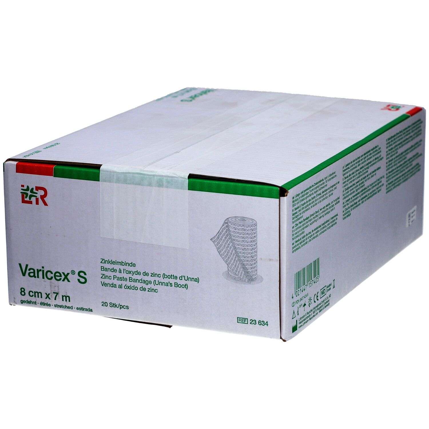 Emballage vert. Inscription: Varicex S, 8 cm x 7 m. Bande de zinc. Logo. 20 pcs. Bande représentée.