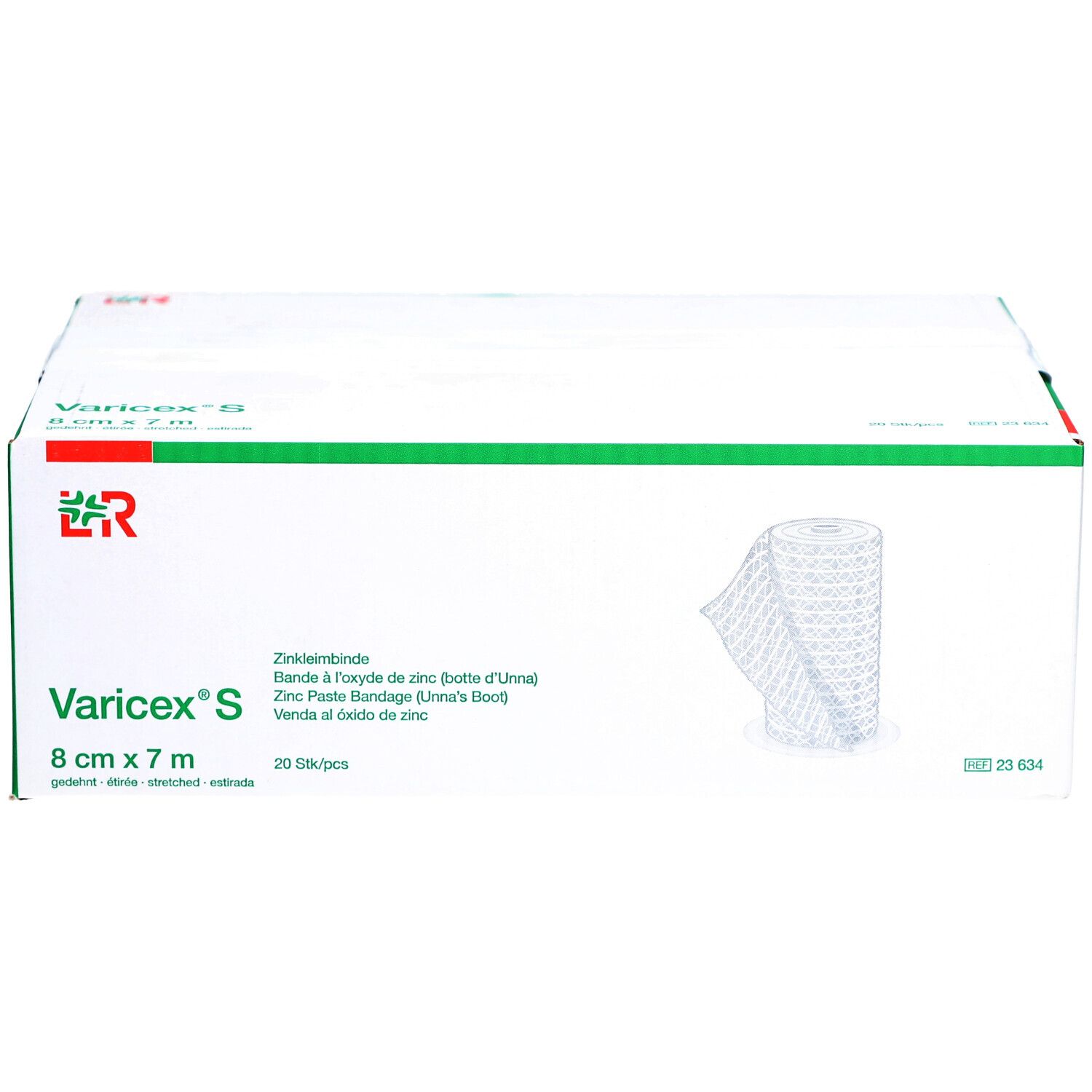 Emballage blanc et vert. Inscription: Varicex S, 8 cm x 7 m. Bande de zinc. Logo. 20 pcs. Bande représentée.