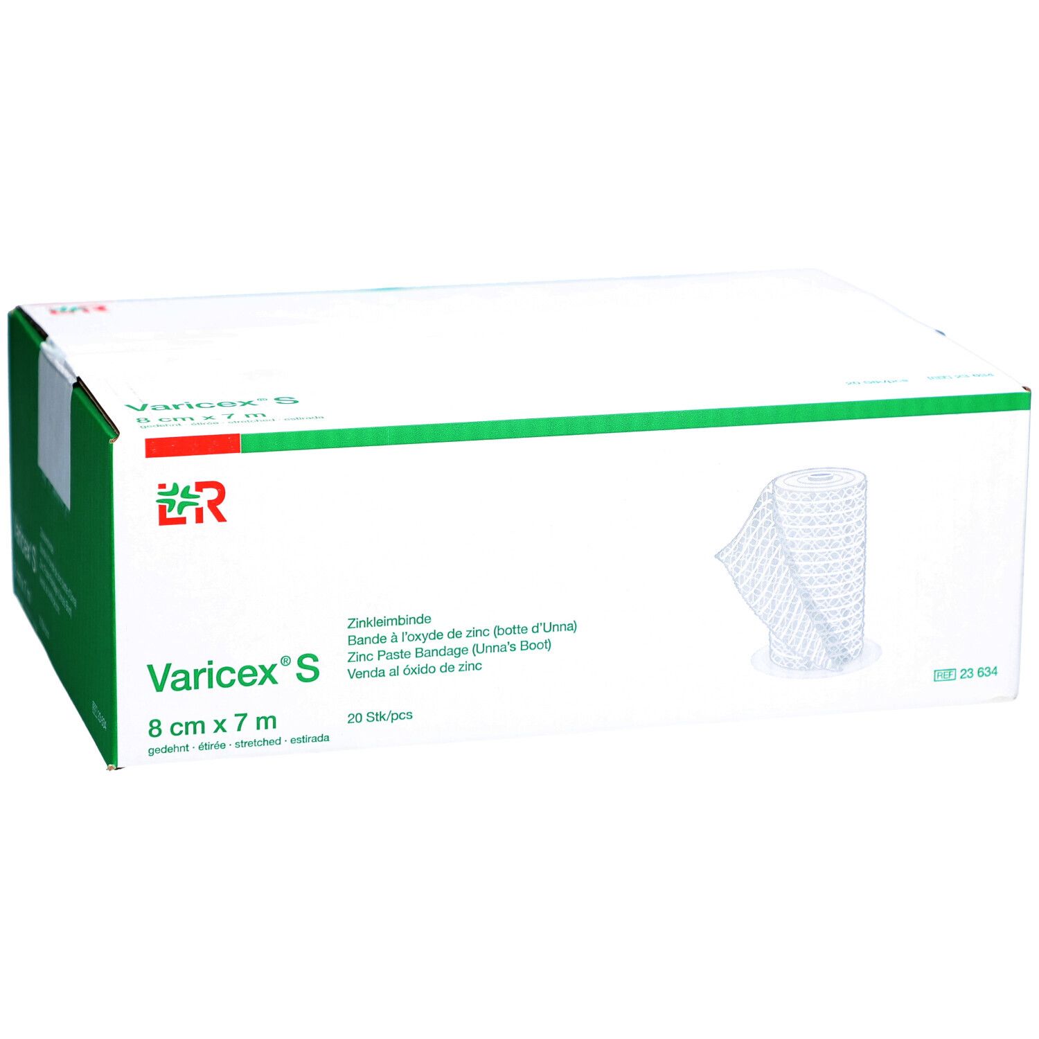 Emballage blanc et vert. Inscription: Varicex S, 8 cm x 7 m. Bande de zinc. Logo. 20 pcs. Bande représentée.