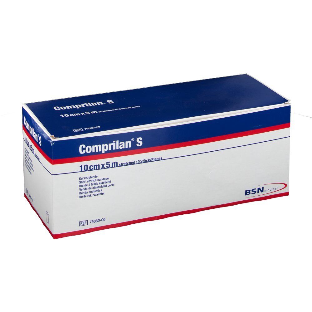 Emballage de Comprilan S, 10cmx5m. Dessus bleu avec texte blanc. Contient 10 pièces.
