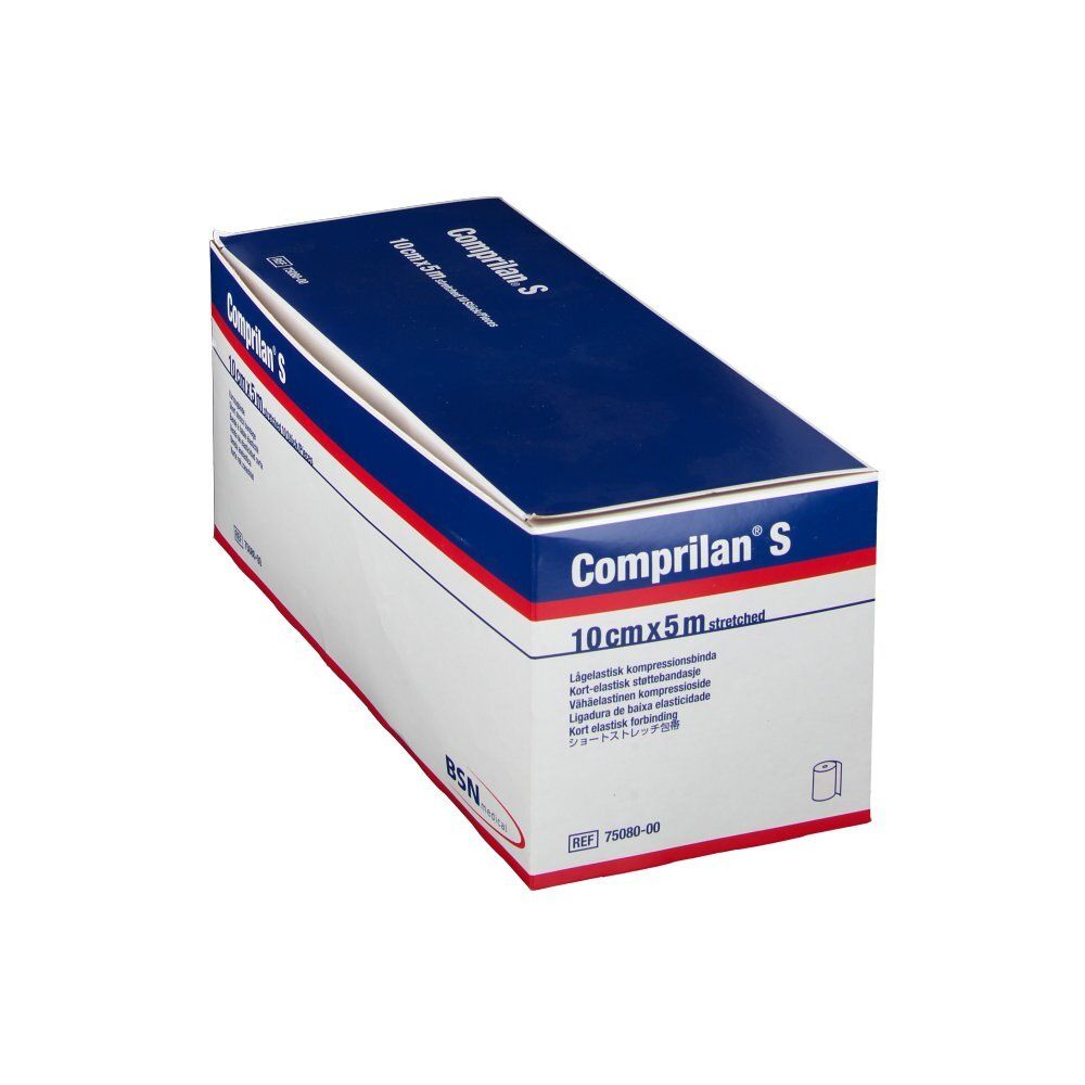 Emballage incliné de Comprilan S, 10cmx5m. Dessus bleu avec texte blanc.