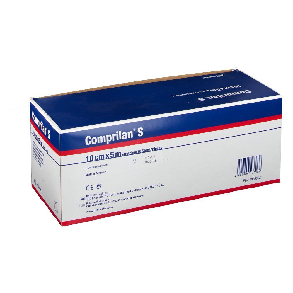 Emballage de Comprilan S, 10cmx5m. Dessus bleu avec texte blanc. Code-barres et informations fabricant.
