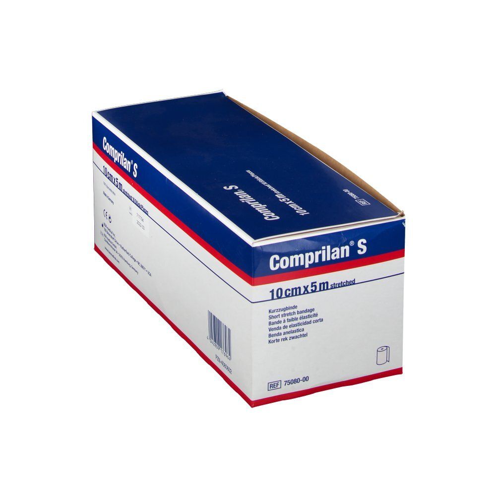 Emballage incliné de Comprilan S, 10cmx5m. Dessus bleu avec texte blanc.