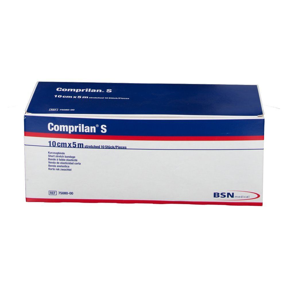 Emballage de Comprilan S, 10cmx5m. Dessus bleu avec texte blanc. Logo du fabricant BSN medical.