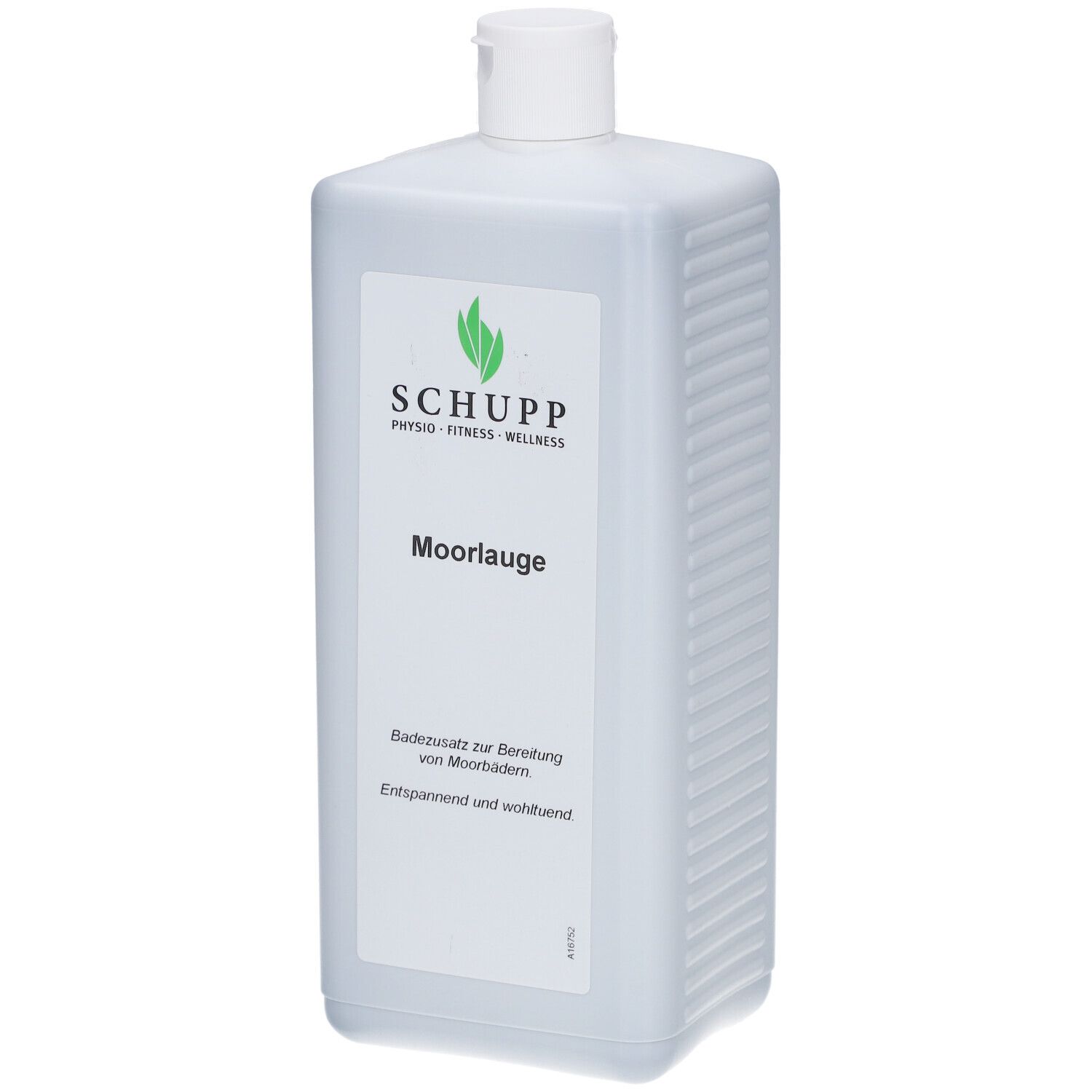 Flacon blanc rectangulaire avec bouchon à vis. Étiquette avec "Moorlauge", marquage CE et logo "SCHUPP". Produit médical.